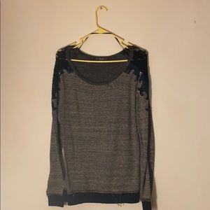 dark gray miss me sweater, black lace shoulders.
